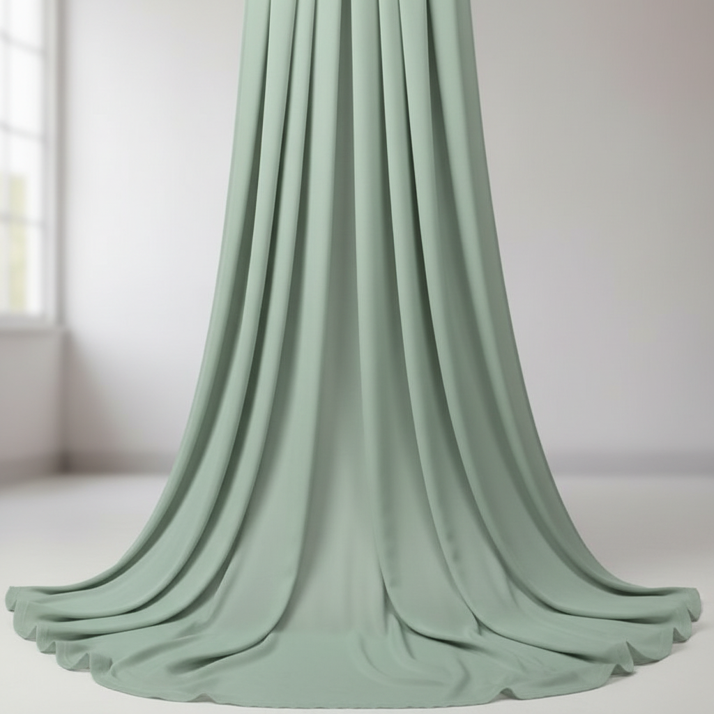 Sage green chiffon fabric front drape view